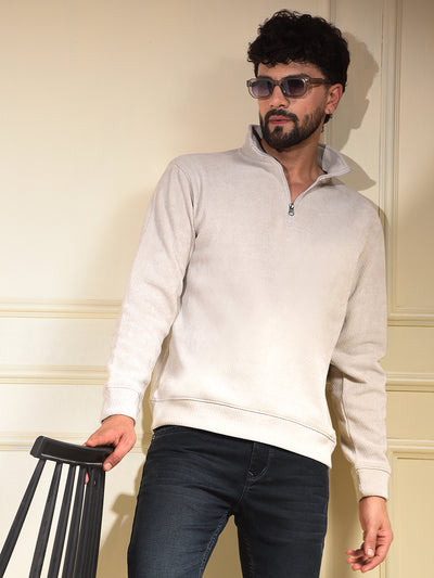 Beige Jacquard Half-Zip High-Neck Sweatshirt