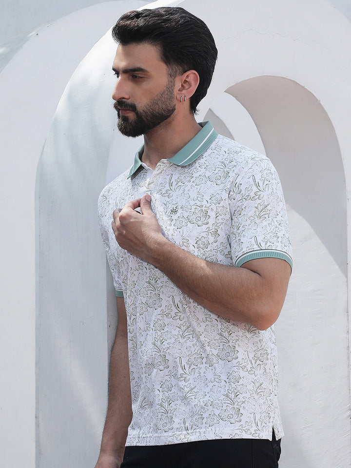 Green Floral Print Polo Neck T-Shirt