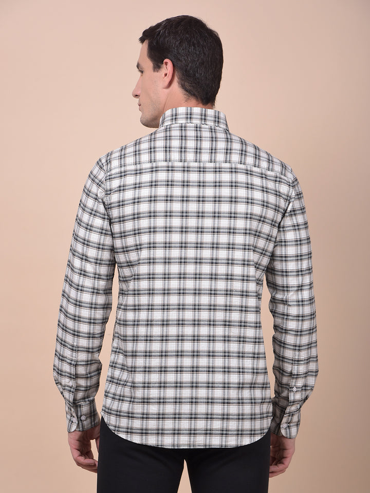 Beige Checked Button-Down Collar 100% Cotton Shirt