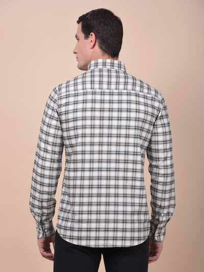 Beige Checked Button-Down Collar 100% Cotton Shirt