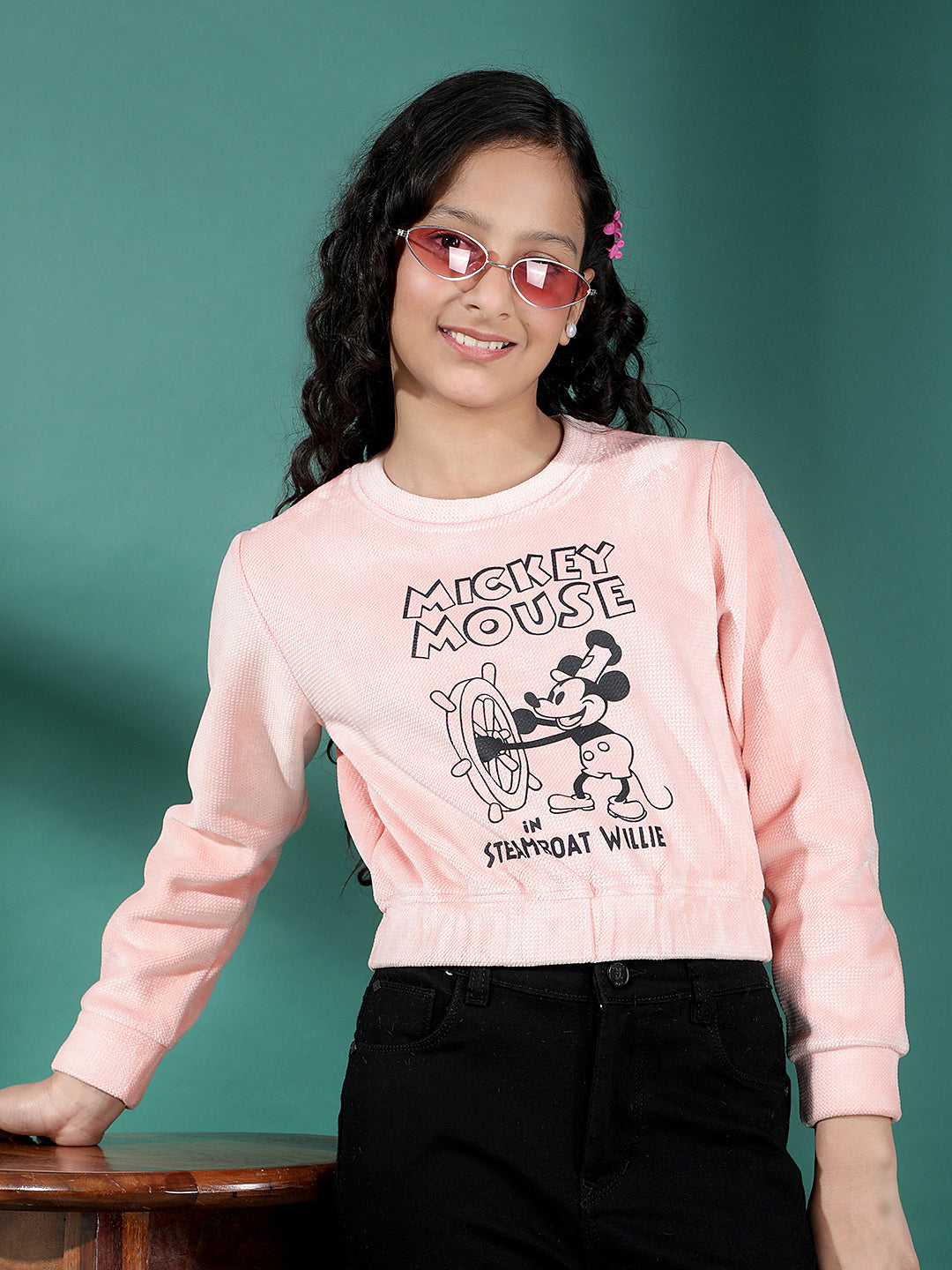 Pink Graphic Print Crop-Length Sweatshirt-Girls Sweatshirts-Crimsoune Club