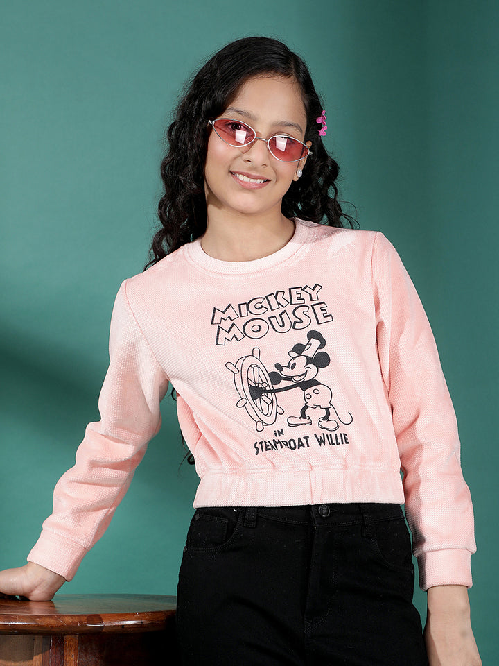 Pink Graphic Print Crop-Length Sweatshirt-Girls Sweatshirts-Crimsoune Club