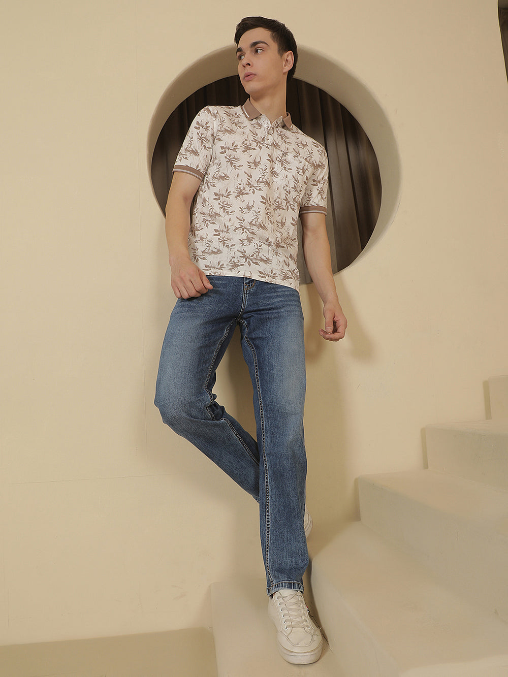 Brown Floral Print Polo Neck T-Shirt
