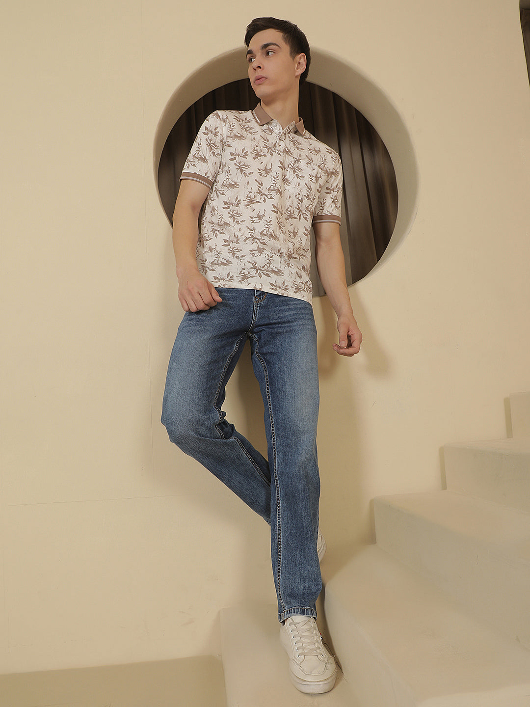 Brown Floral Print Polo Neck T-Shirt
