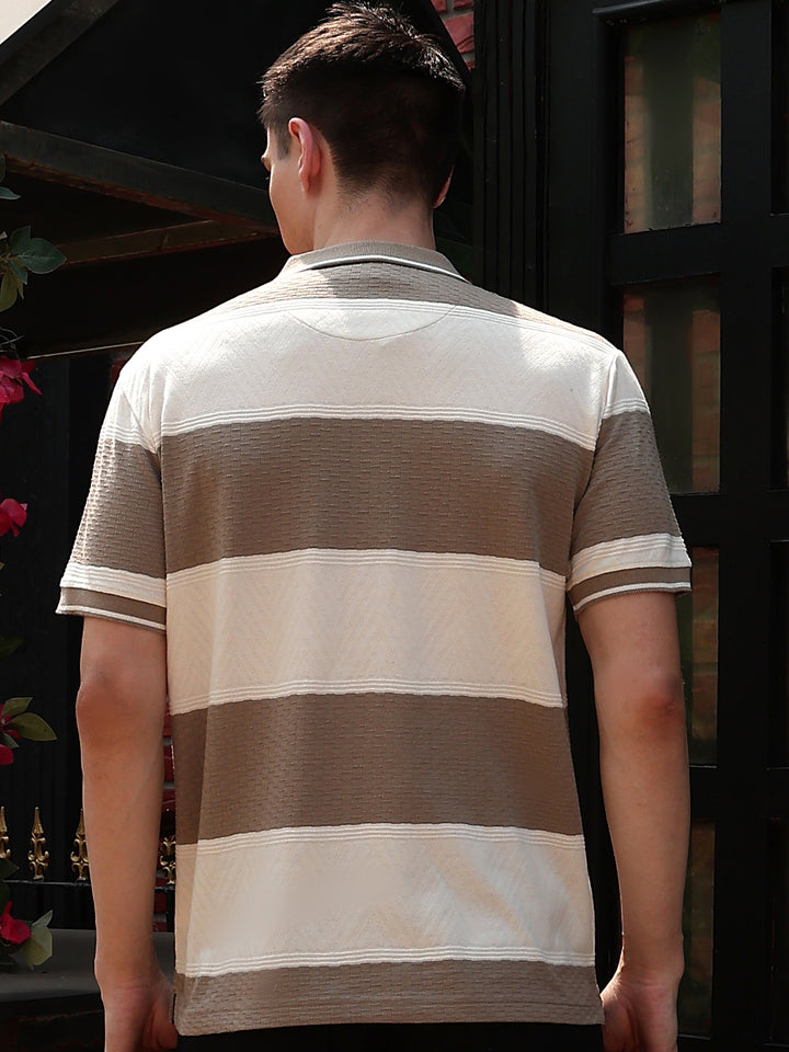 Beige Horizontal Striped Polo Neck T-Shirt
