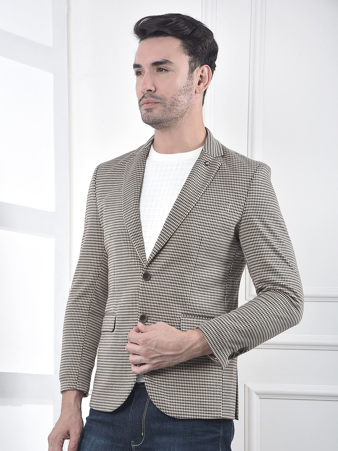 Brown Jacquard Single-Breasted Blazer