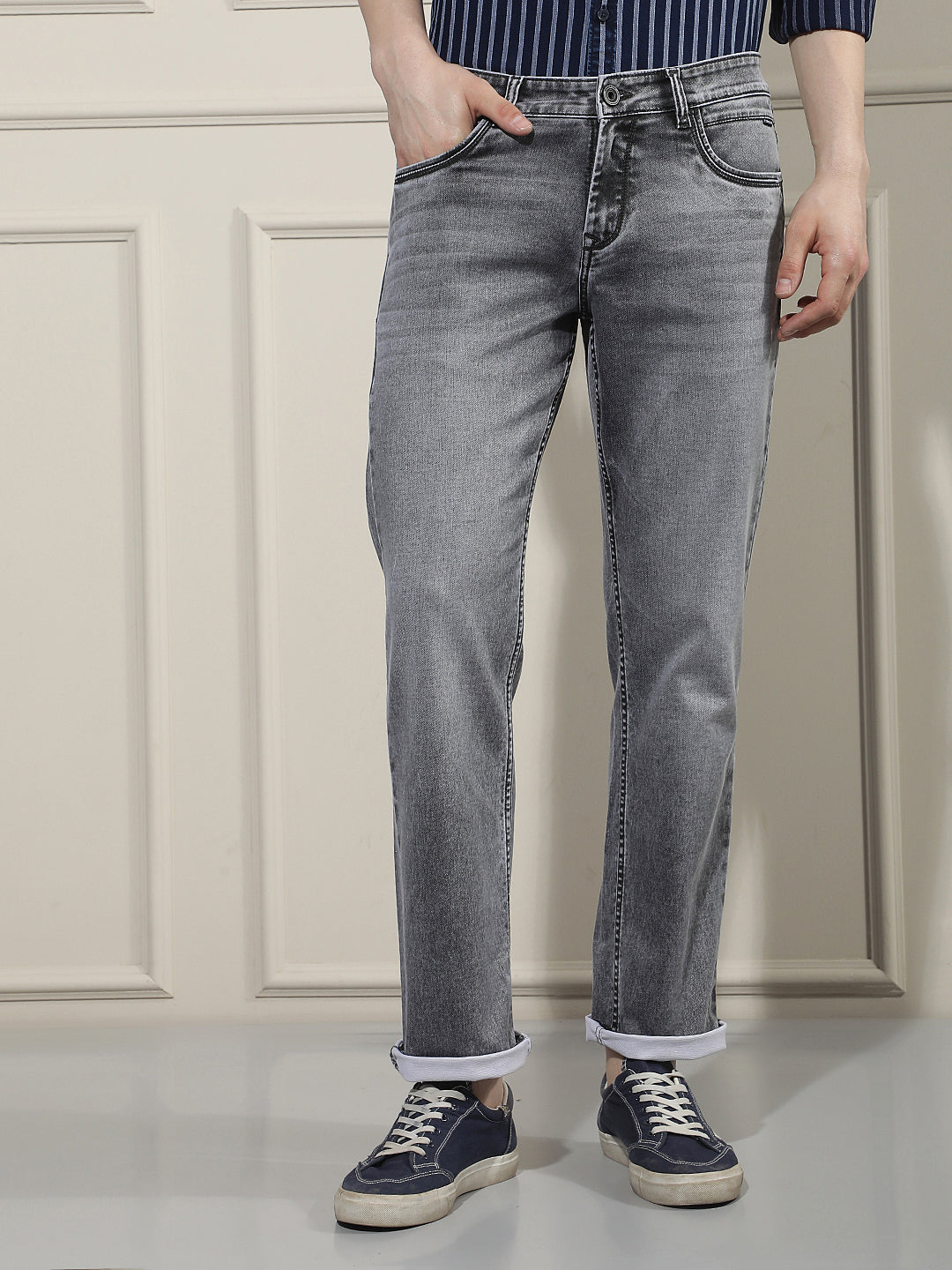 Grey Cotton Straight Jeans