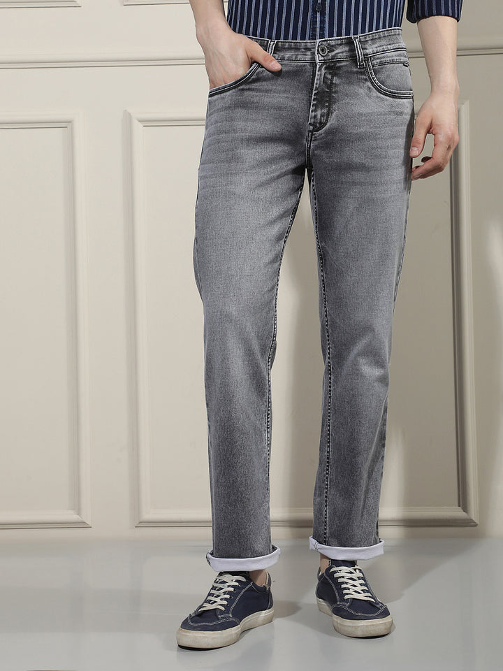 Grey Cotton Straight Jeans