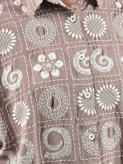 Brown Embroidered Linen Shirt