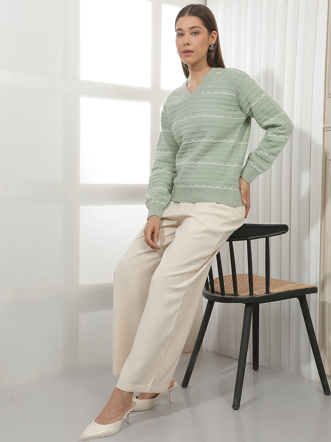 Green Striped V-Neck Acrylic Sweater