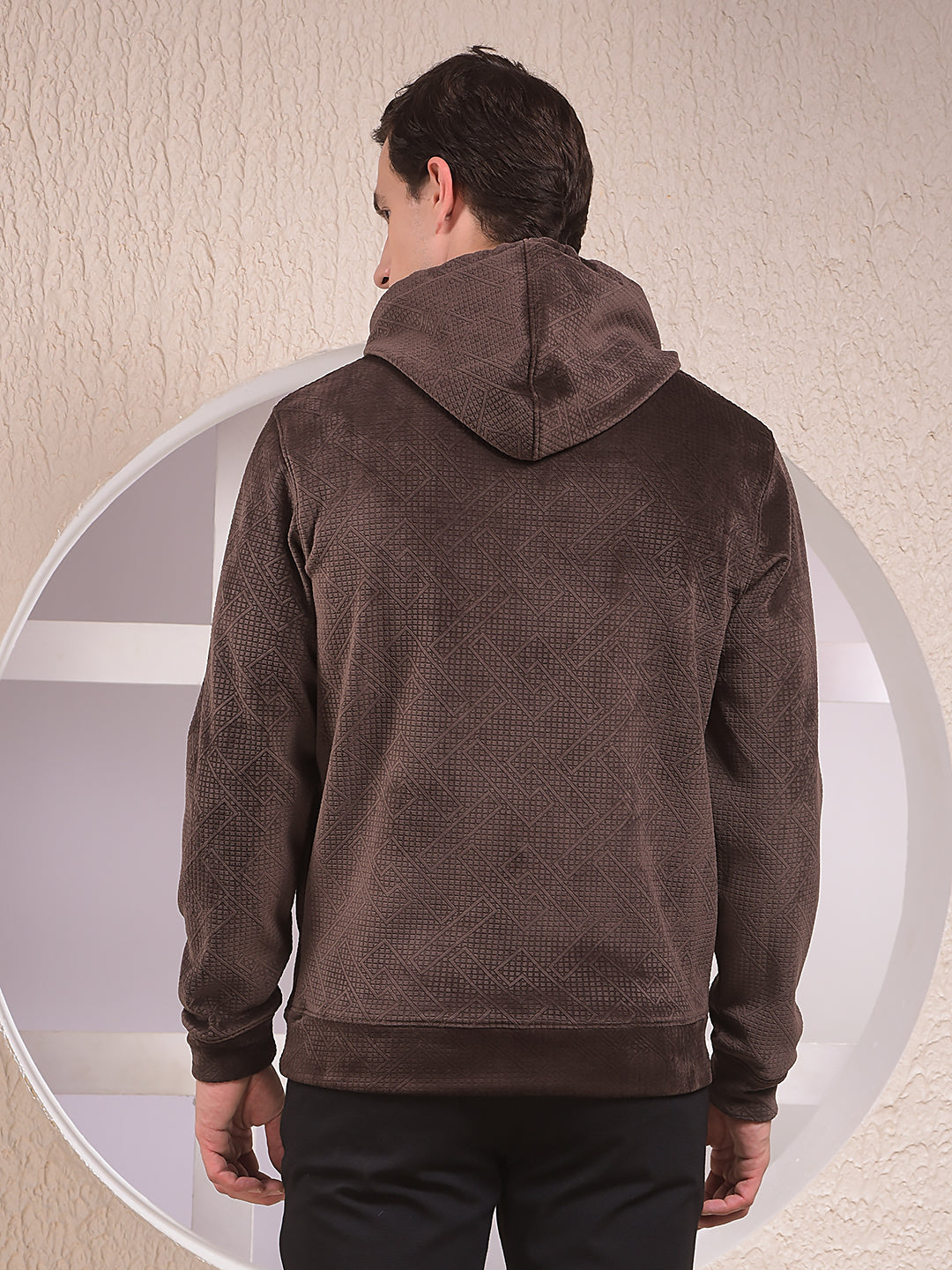 Brown Jacquard Hooded Neck Sweatshirt