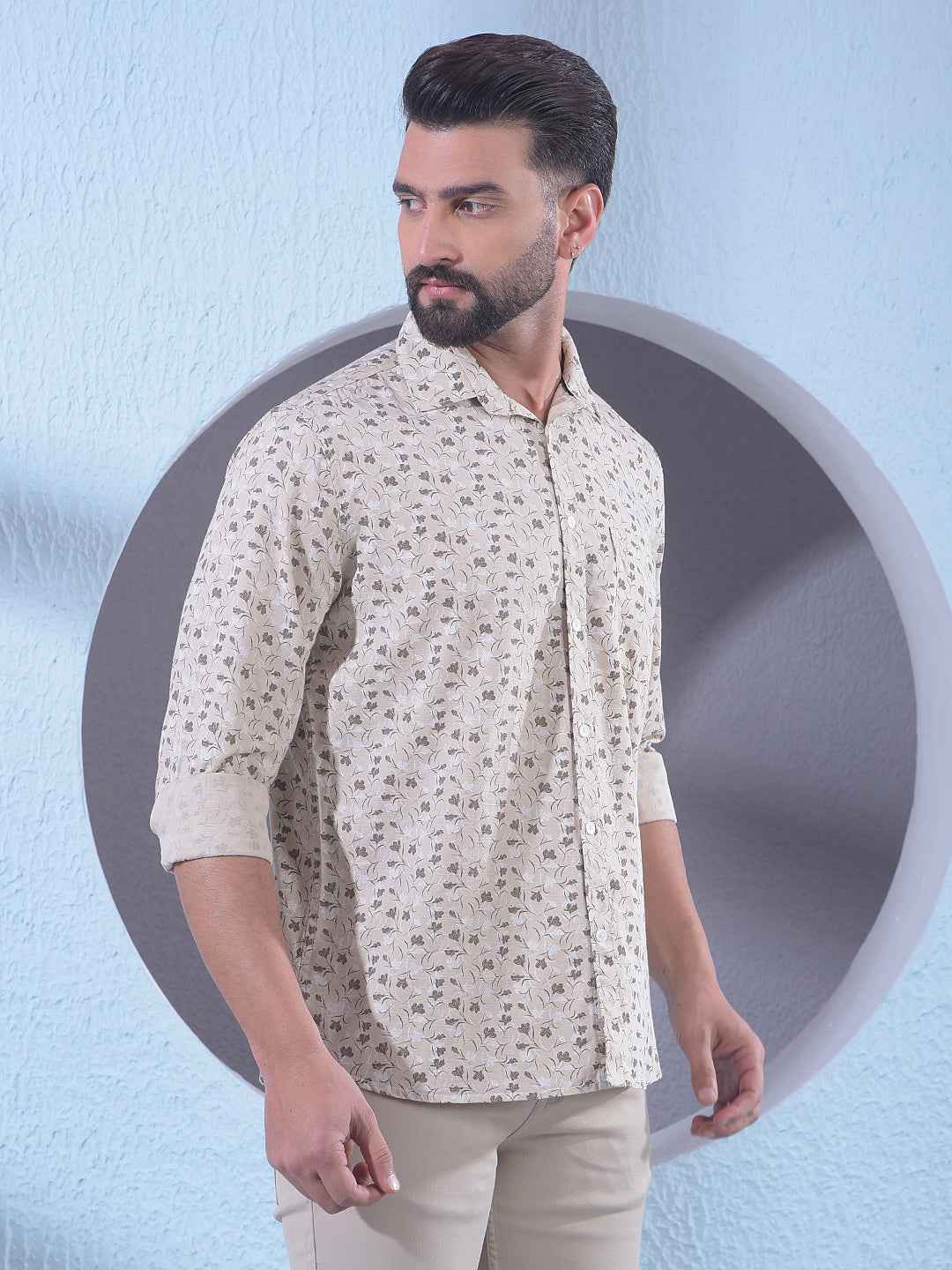 Beige Linen Floral Print Shirt