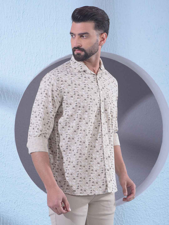 Beige Linen Floral Print Shirt