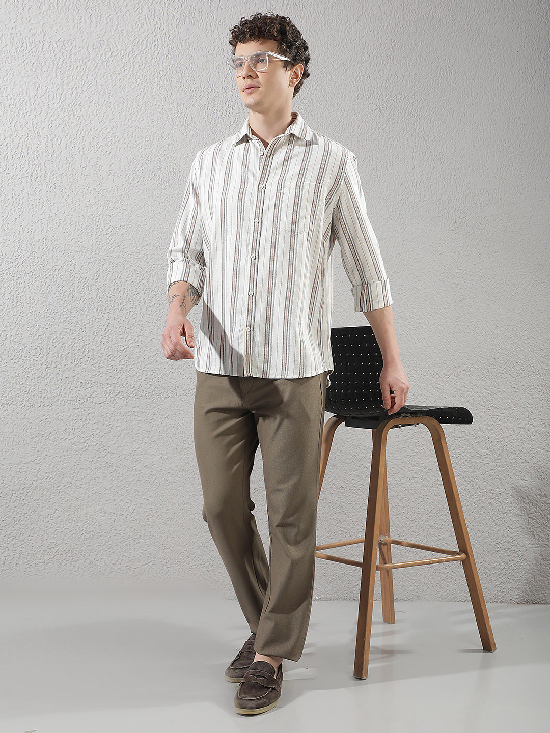 Structured Sand Beige Printed Trousers