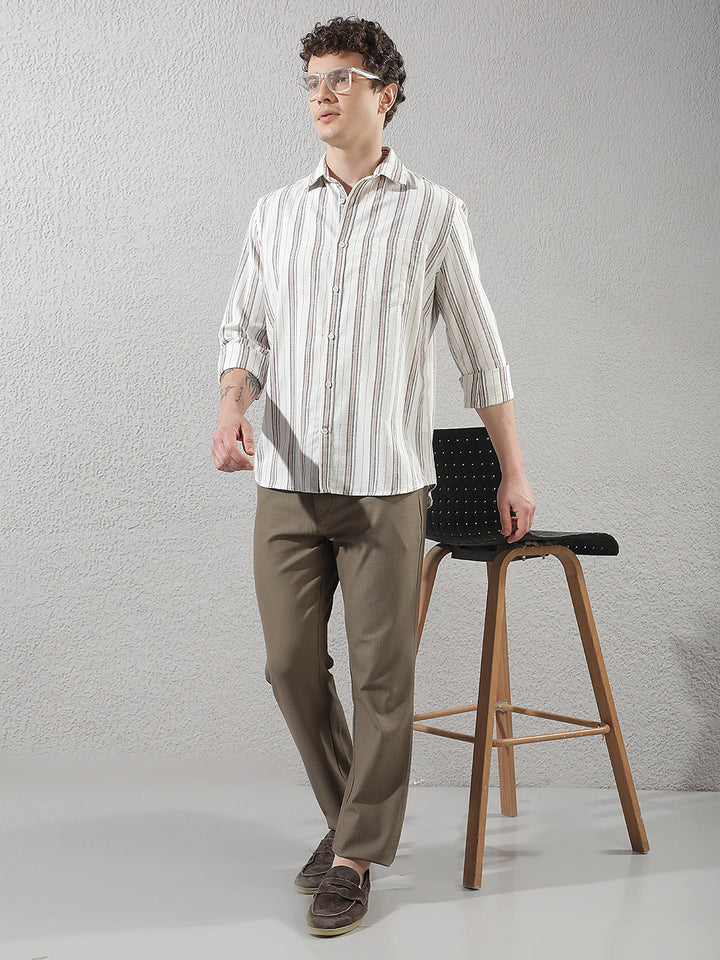Structured Sand Beige Printed Trousers