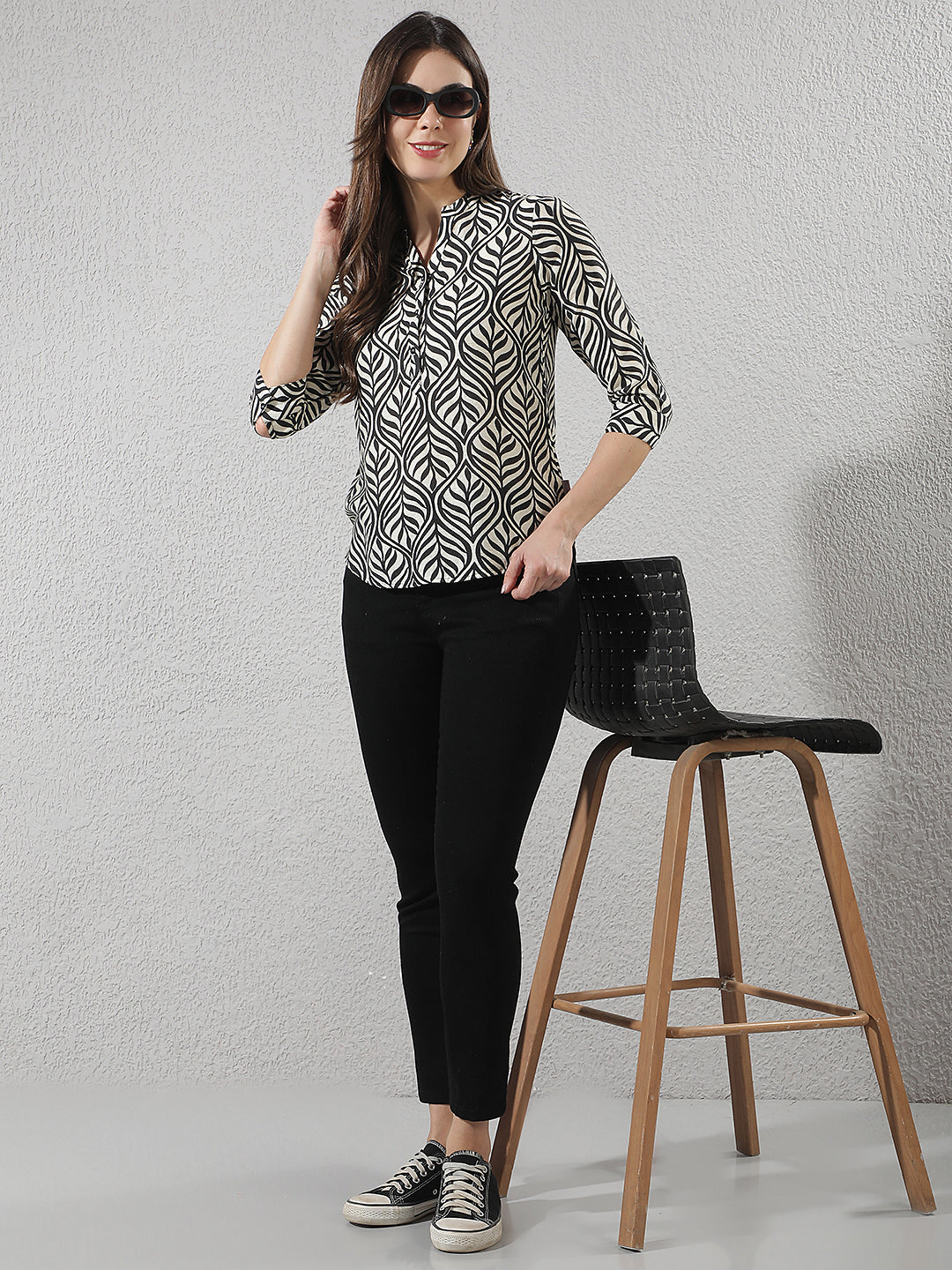 Black Botanical Print V-Neck Top
