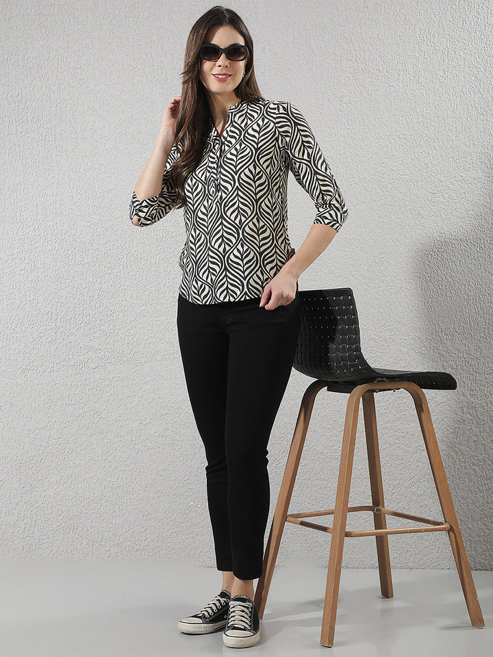 Black Botanical Print V-Neck Top
