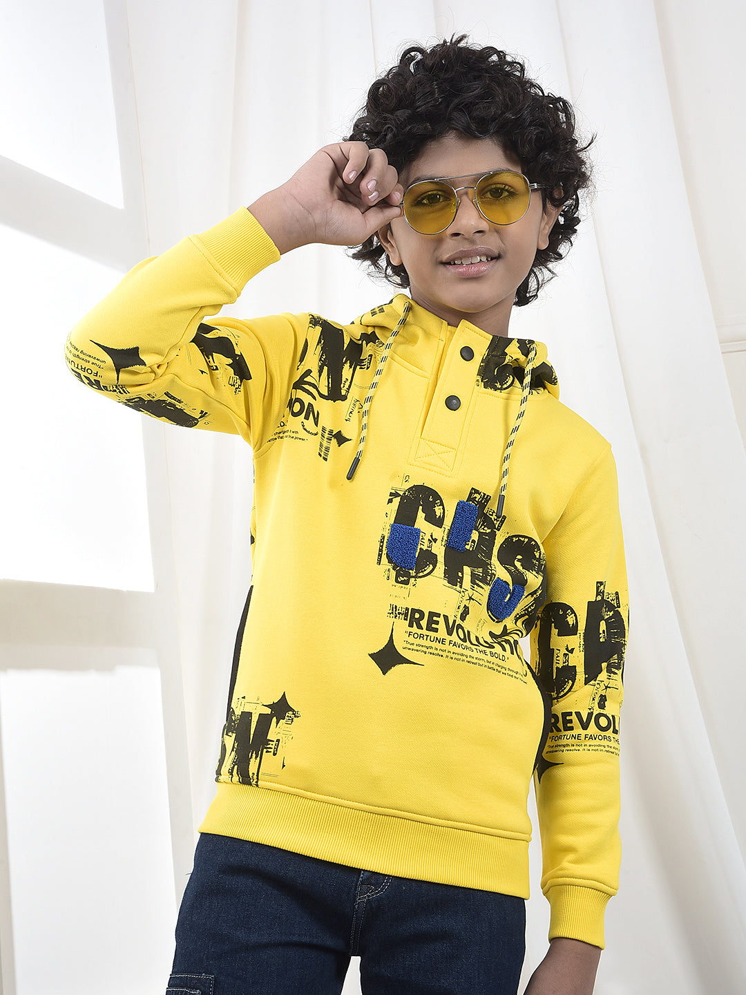 Yellow Typographic Print Hooded Neck Sweatshirt