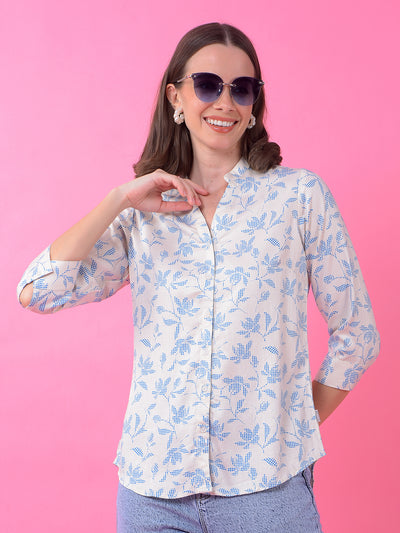 Blue Floral Print V-Neck Shirt