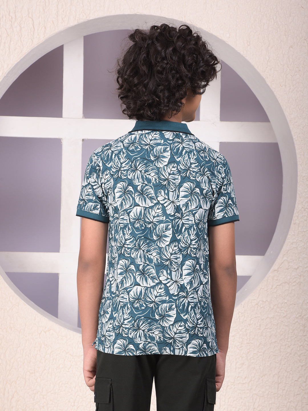 Green Floral Print Polo Neck T-Shirt