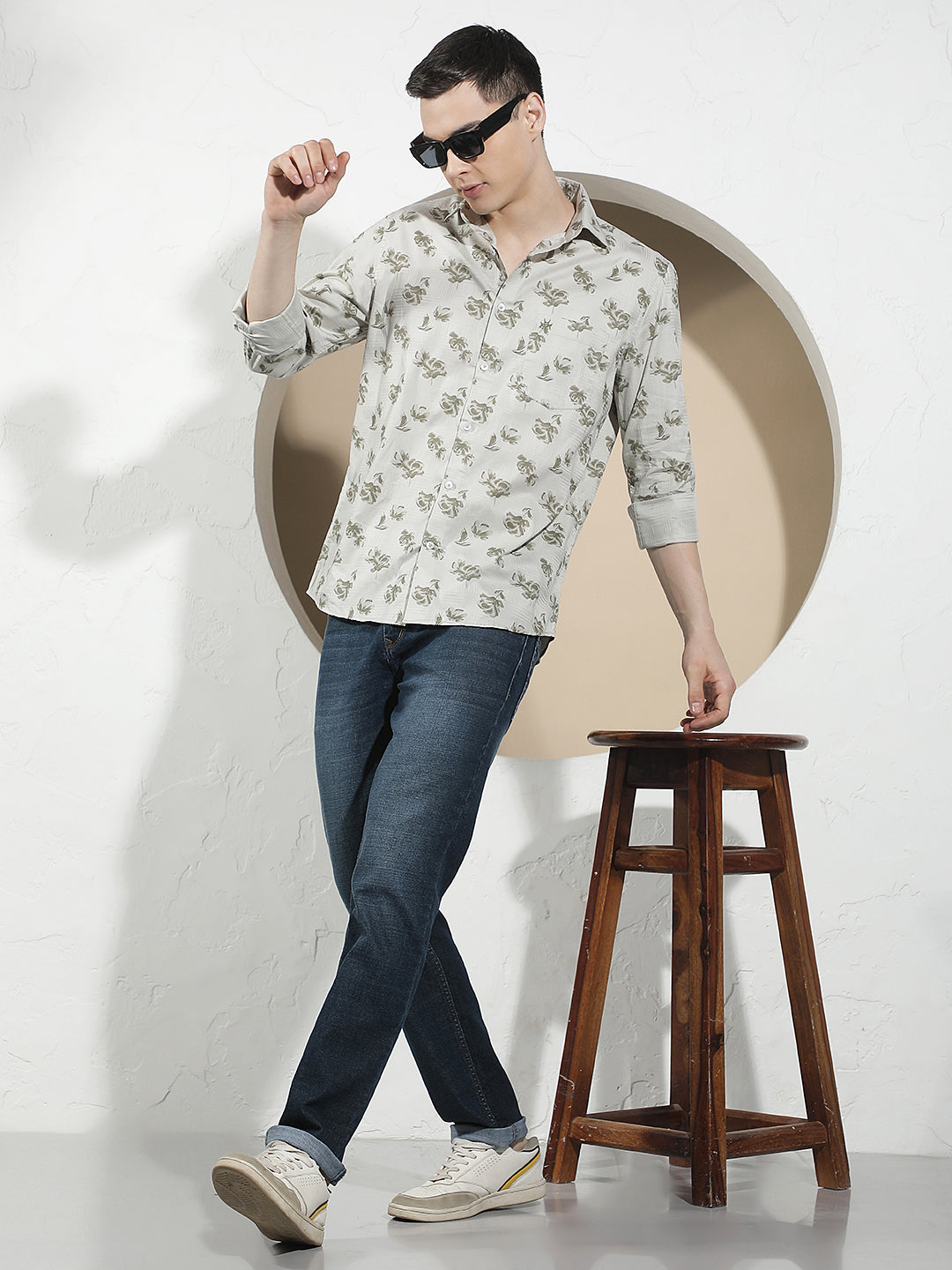Grey Floral Print 100% Cotton Shirt