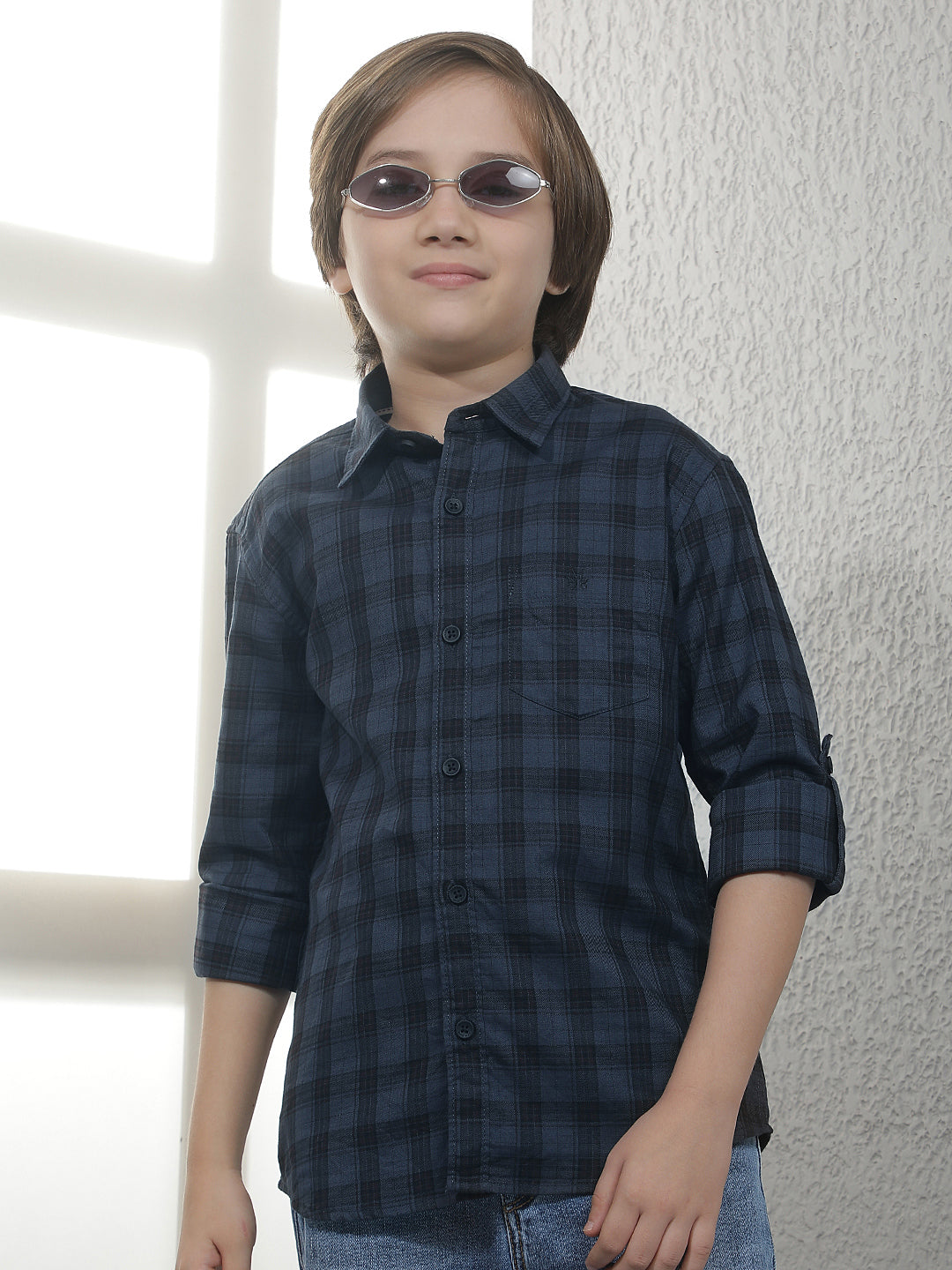 Teal Blue Checked 100% Cotton Shirt