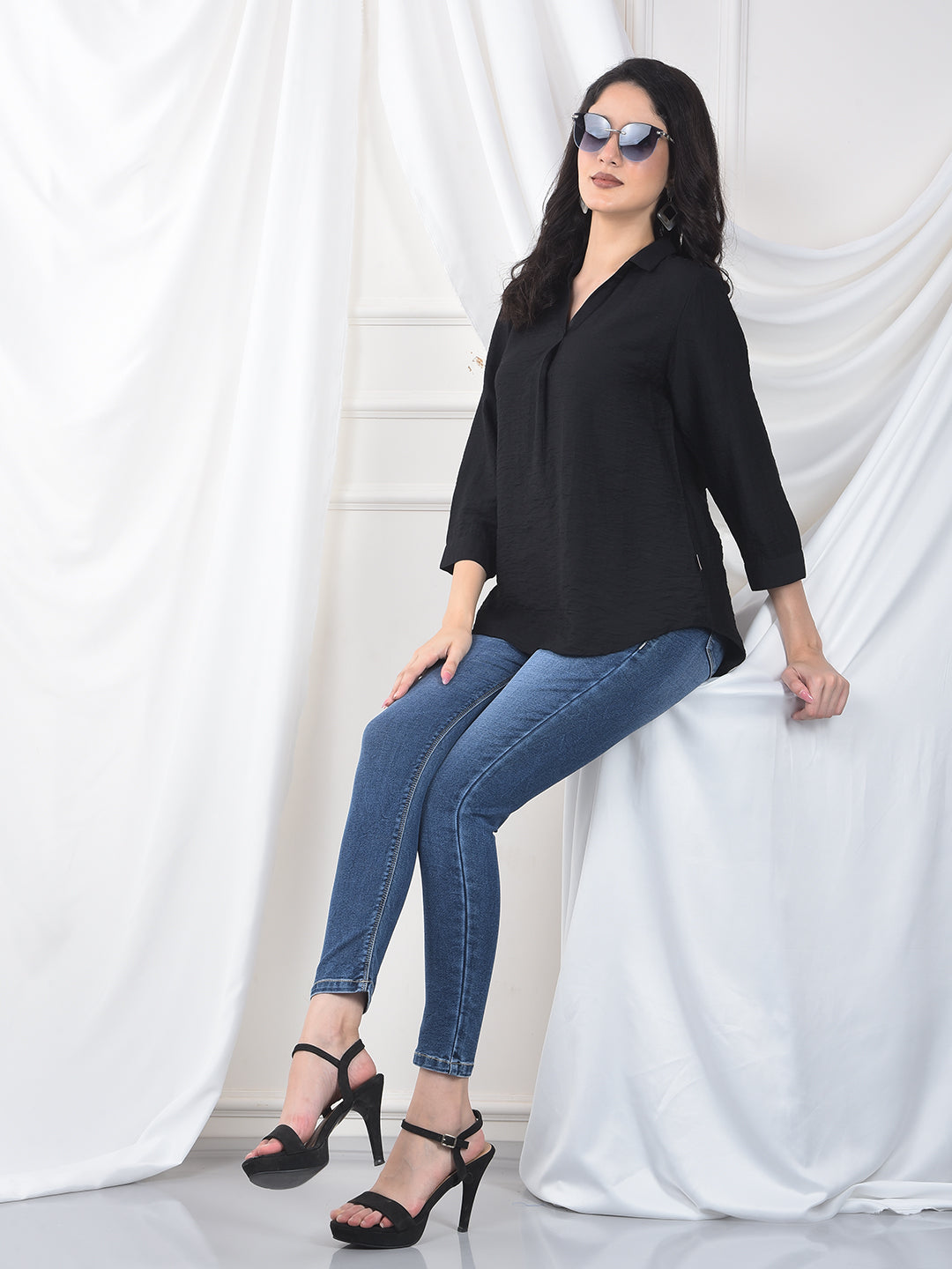 Midnight Black Crinkle Weave Flow Fit Top