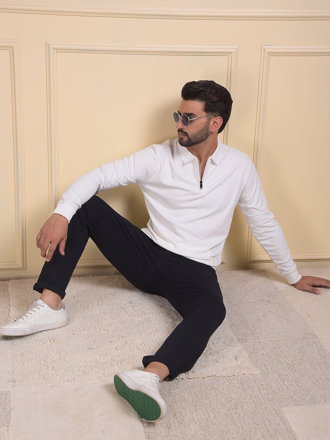 White Jacquard Polo Neck Knitted Sweatshirt