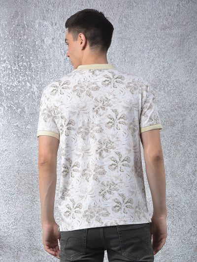 Beige Floral Print Polo-Neck T-Shirt