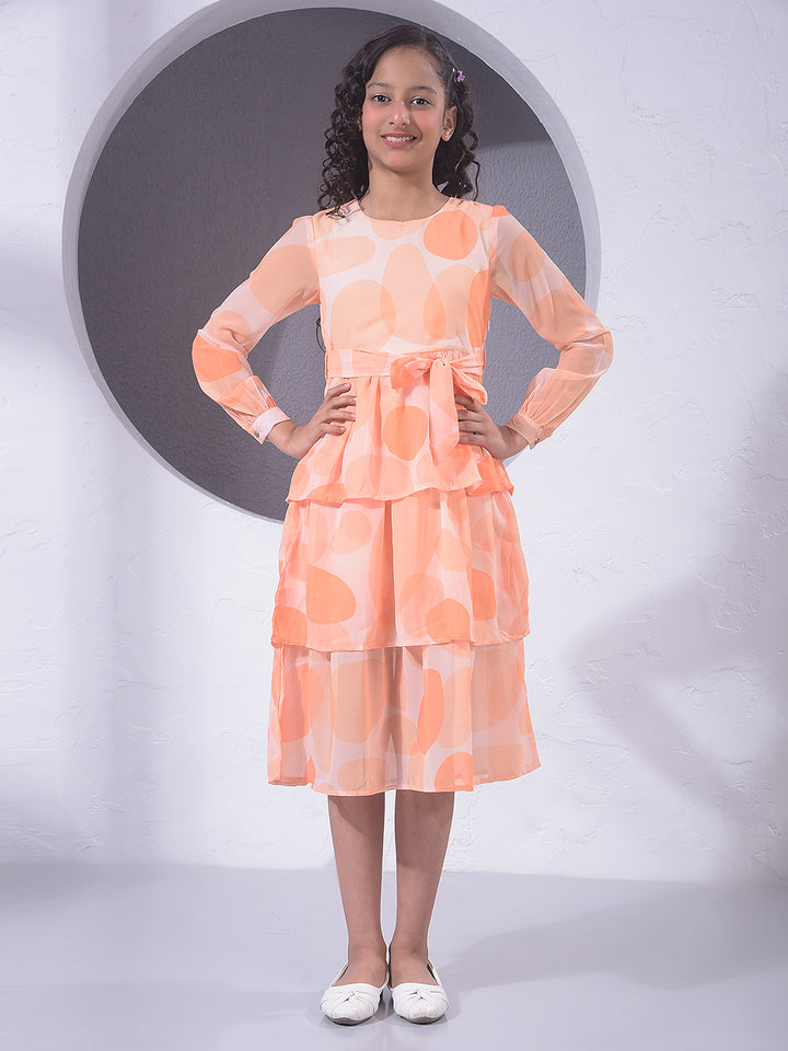 Orange Printed A-Line Dress With Belt
