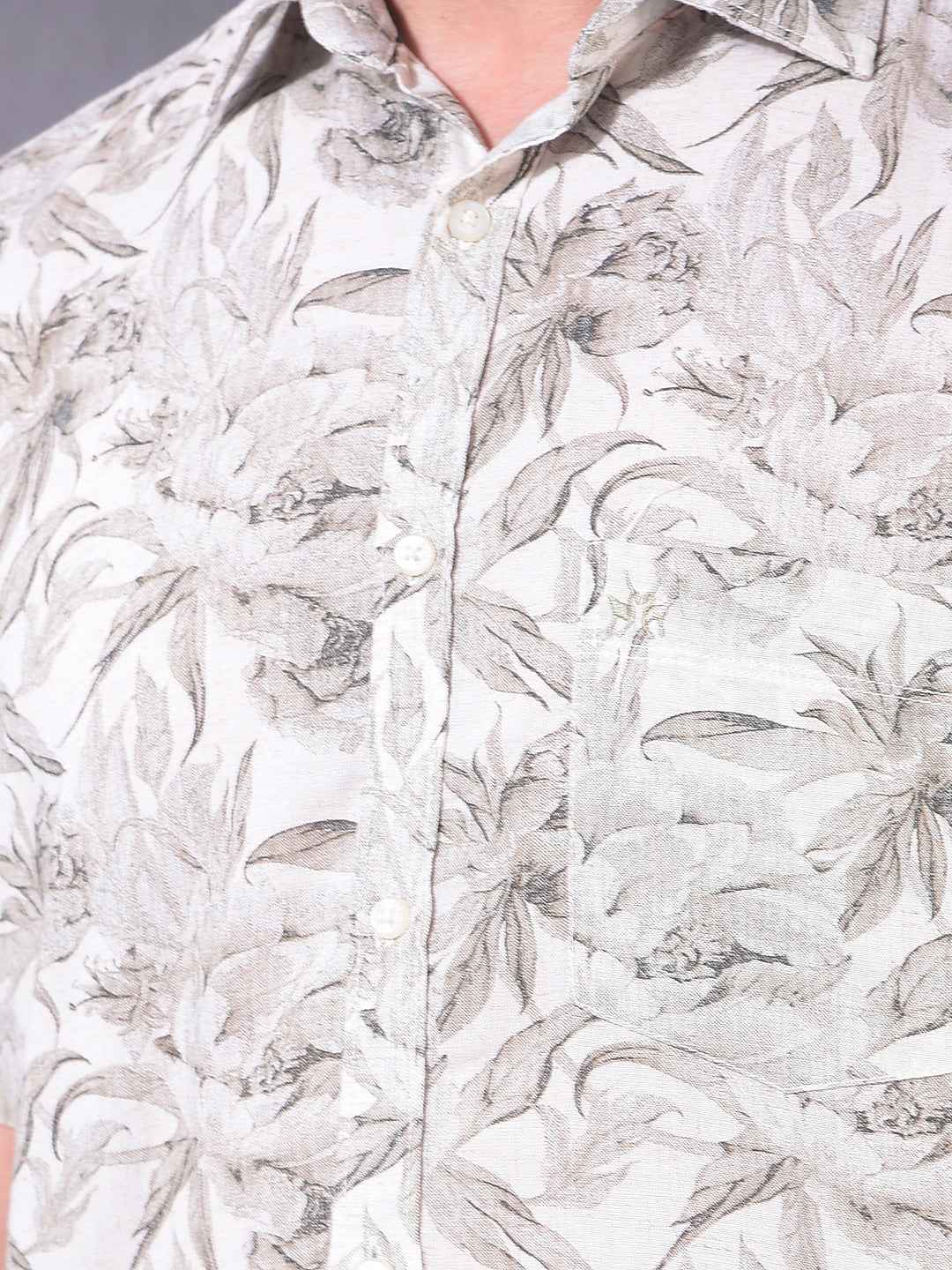 Grey Floral Print Linen Shirt