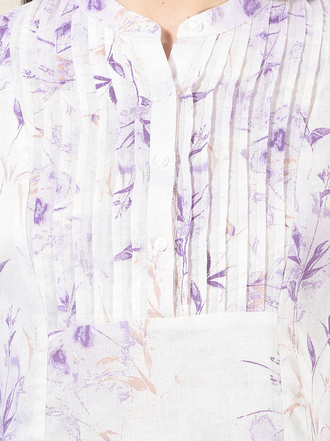 Purple Linen Round Neck Floral Printed Top