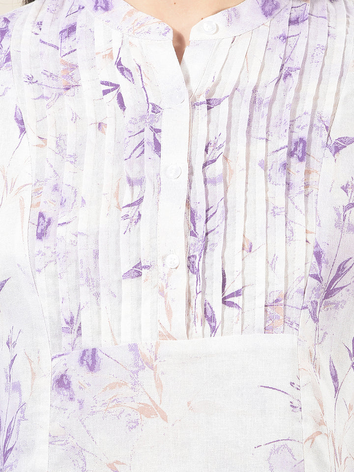 Purple Linen Round Neck Floral Printed Top