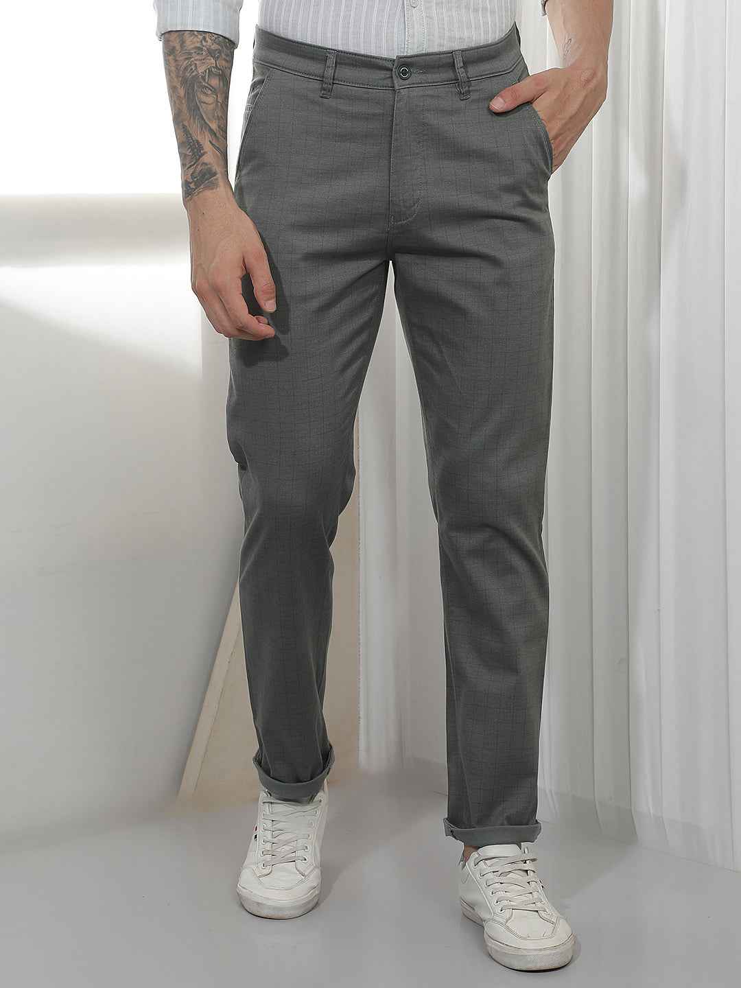 Modern Olive Checked Casual Trousers