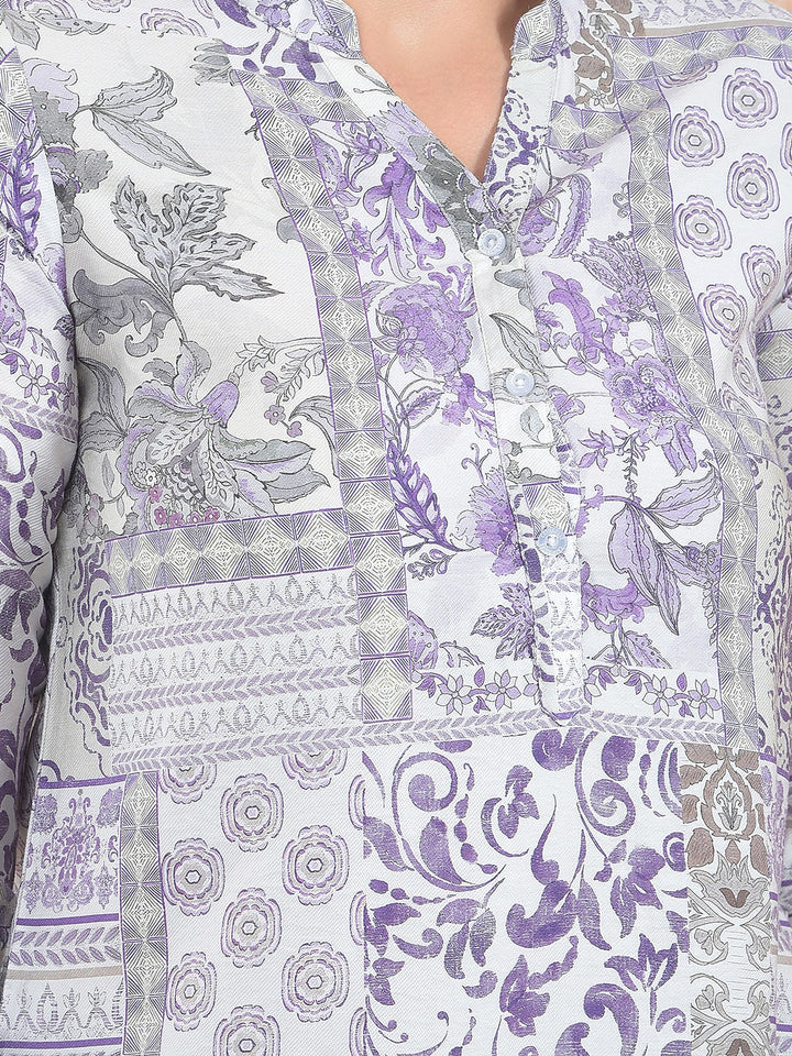 Purple Floral Print V-Neck Top
