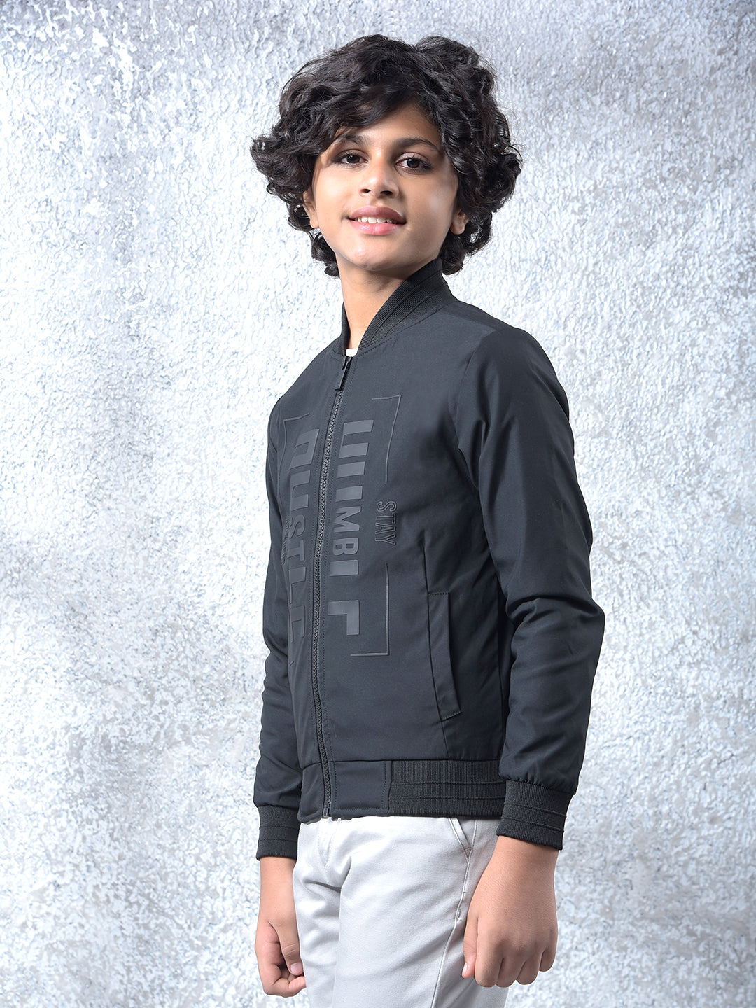 Black Typographic Print Bomber Jacket