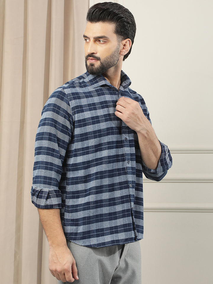 Blue Checked 100% Cotton Corduroy Shirt