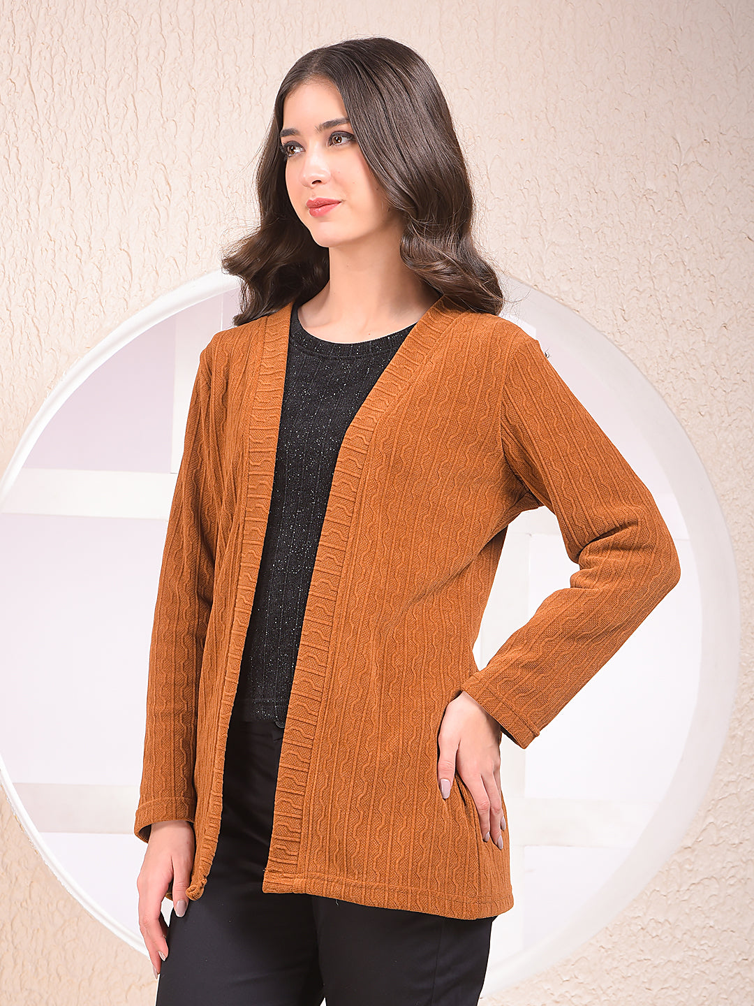Brown Printed V-Neck Open Front Shrug
