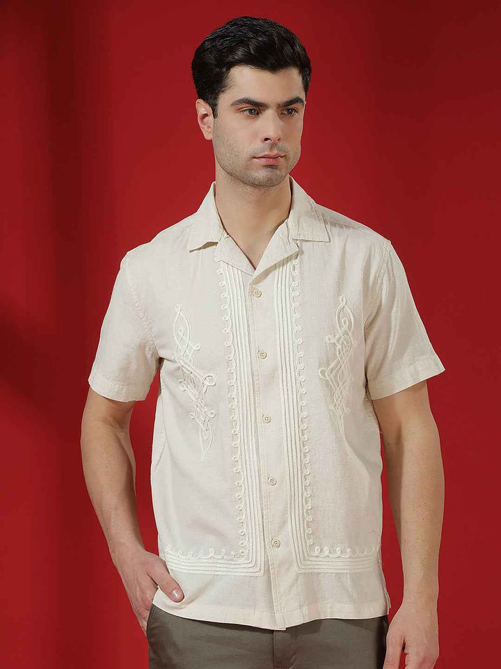 Beige Embroidered Resort-Collar Linen Shirt