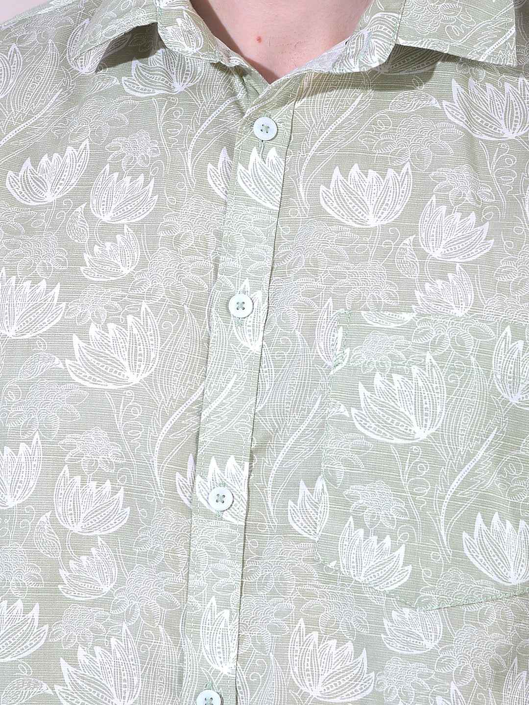 Green Linen Floral Print Shirt