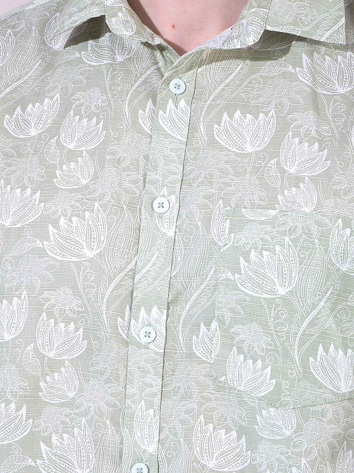 Green Linen Floral Print Shirt