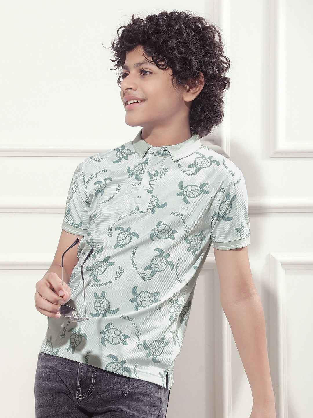 Blue Printed Polo Neck T-Shirt