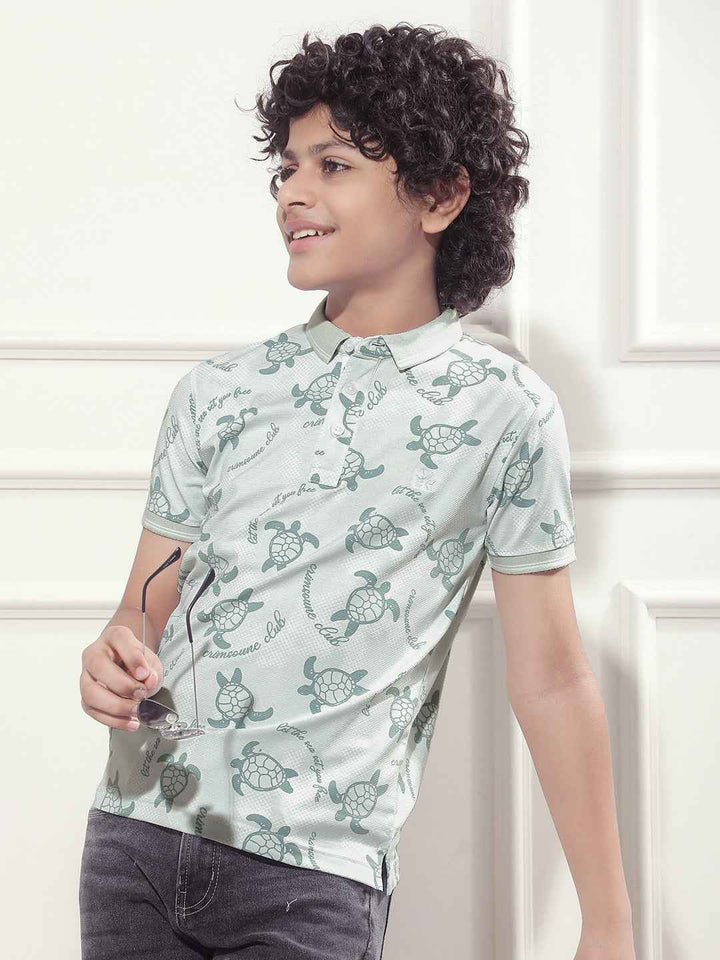 Blue Printed Polo Neck T-Shirt
