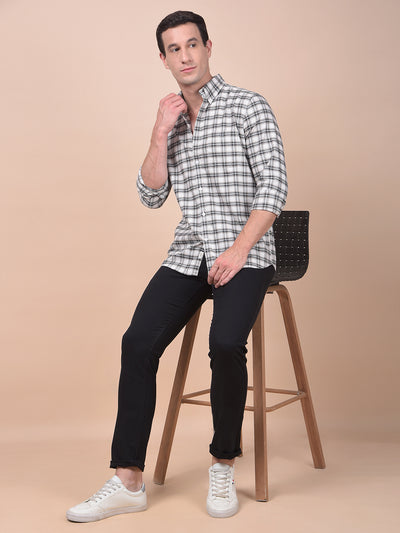 Beige Checked Button-Down Collar 100% Cotton Shirt