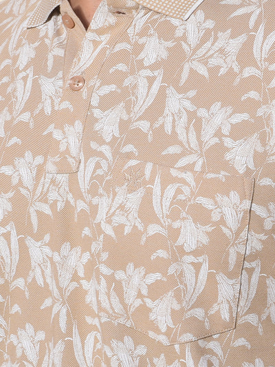 Beige Floral Print Polo-Neck T-Shirt