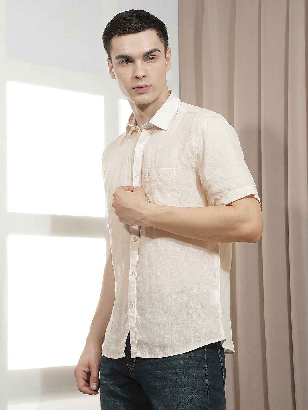 Elegant Beige Textured Linen Shirt
