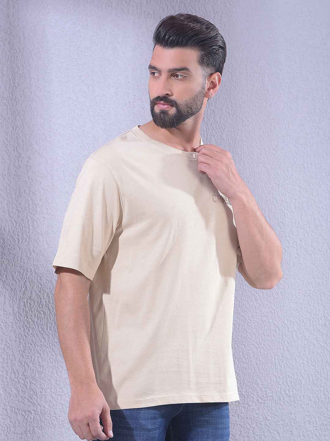 Beige 100% Cotton Oversize Brand Logo T-Shirt