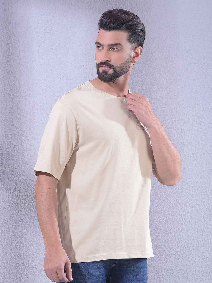 Beige 100% Cotton Oversize Brand Logo T-Shirt