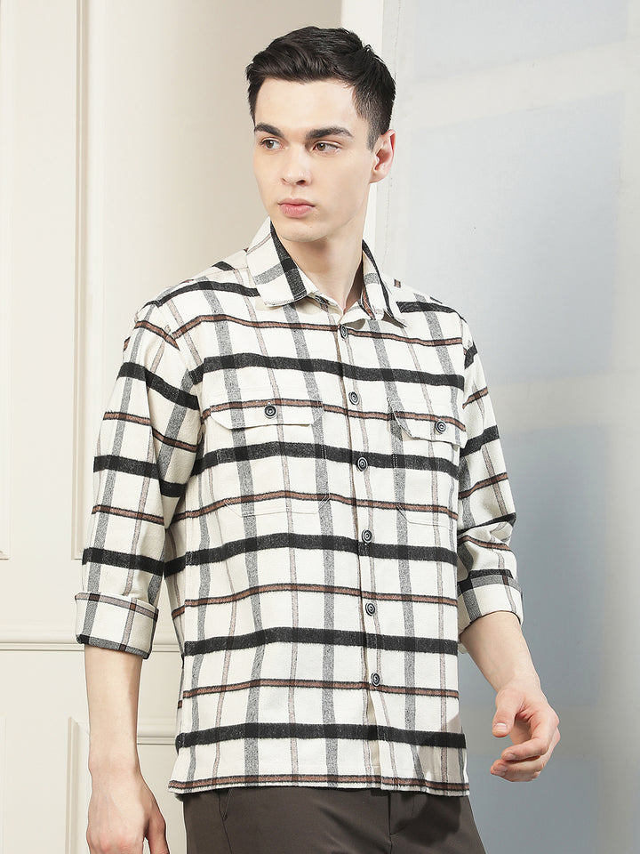 Cream Checked Double Pocket Shirt