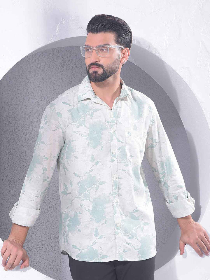 Green Floral Print Linen Shirt
